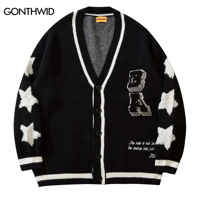 Sweater Coat Men Embroidery Star Knitted Cardigan Jumpers Sweaters 2023 Autumn Harajuku Casual Streetwear Sweater Jacket