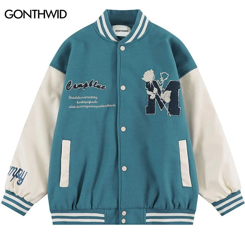 Varsity Baseball Bomber Jacket Men Embroidery Rose Floral Letter Patchwork Jacket 2023 Harajuku Hip Hop Casual Coats Streetwear