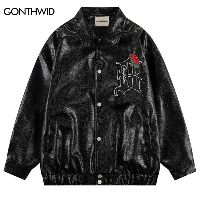 Vintage Faux Leather Motorcycle Jacket Hip Hop Embroidery Floral Letter Biker Windbreaker Bomber Jacket Casual Coat Black Brown