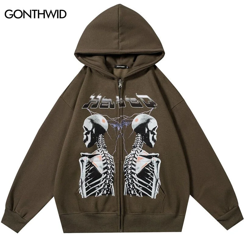 Vintage Fleece Hoodie Sweatshirt Jacket Streetwear Hip Hop Skull Skeleton Print Zipper Hooded Coat Harajuku Casual Punk Gothic