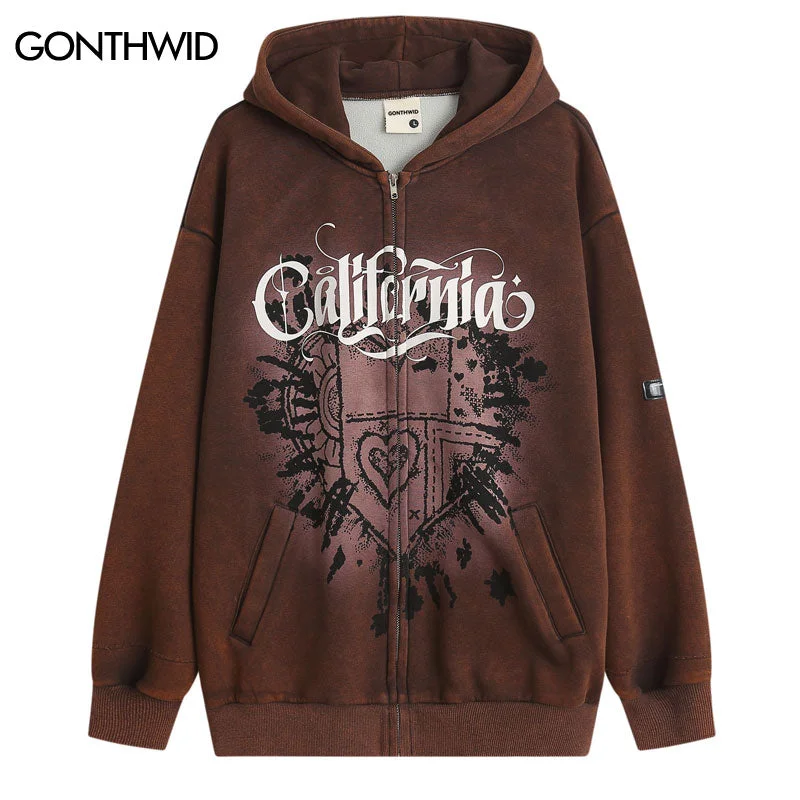 Vintage Hoodie Jackets Streetwear Hip Hop Graphic Print Punk Gothic Fleece Hooded Sweatshirt Harajuku Casual Zipper Washed Coats