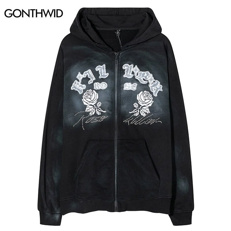 Vintage Hoodie Sweatshirt Coat Y2K Grunge Streetwear Hip Hop Floral Print Punk Gothic Hooded Jacket Harajuku Casual Loose Tops