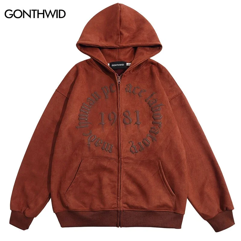 Vintage Suede Hoodie Sweatshirt Jacket Hip Hop Retro Letter Print Zip Up Hooded Harajuku Casual Loose Punk Gothic Y2k Couples