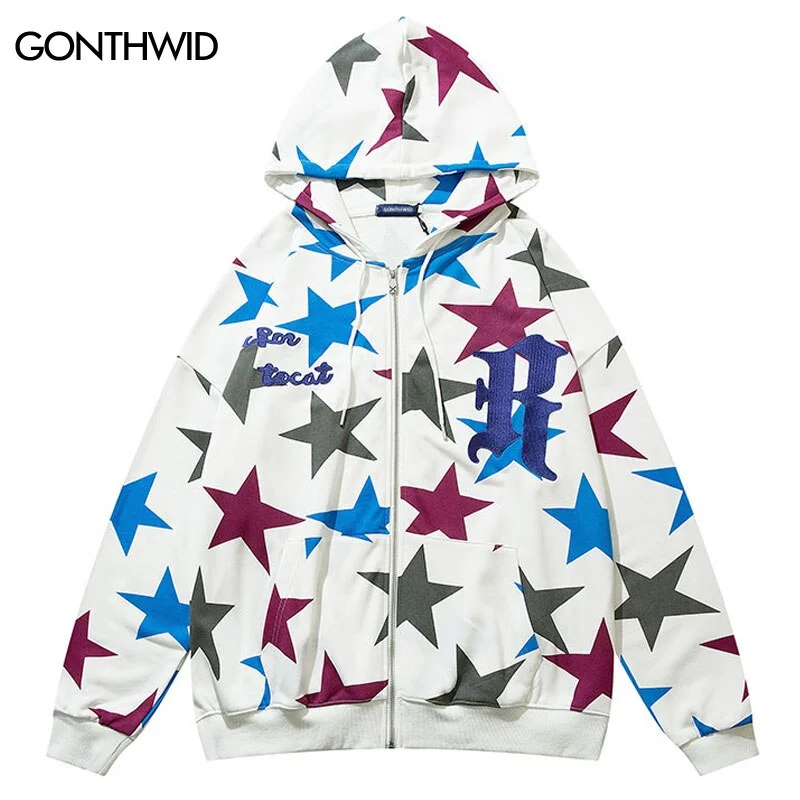 Vintage Sweatshirt Hoodie Jacket Streetwear Y2K Hip Hop Embroidery Letter Retro Star Print Zip Up Hooded Harajuku Casual Jacket