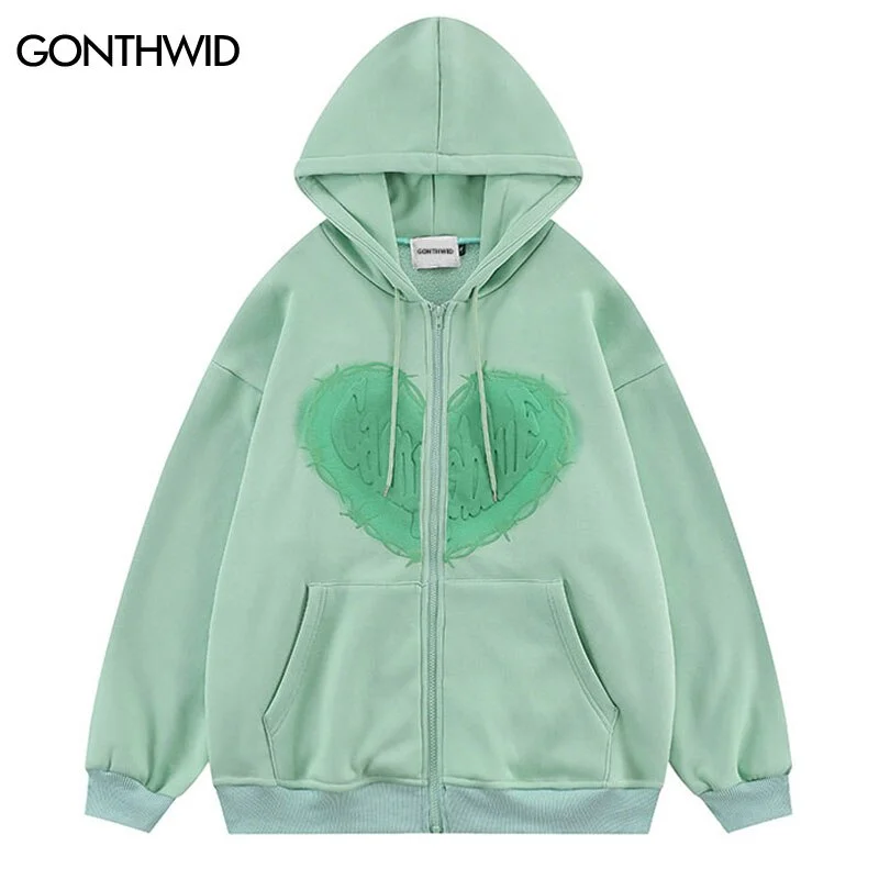 Vintage Zip Up Hoodie Sweatshirt Y2K Hip Hop Heart Print Hooded Jacket 2023 Men Women Harajuku Zipper Casual Cotton Tops