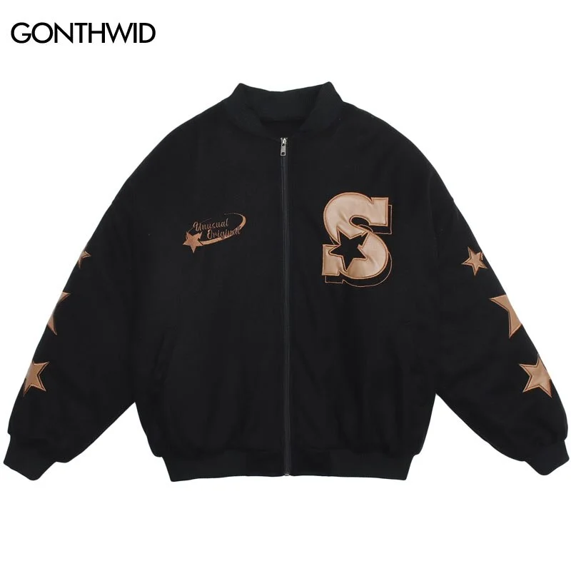 Winter Bomber Baseball Jacket Streetwear Hip Hop Embroidery Stars Thick Coats Harajuku Casual Loose High Street Jackets