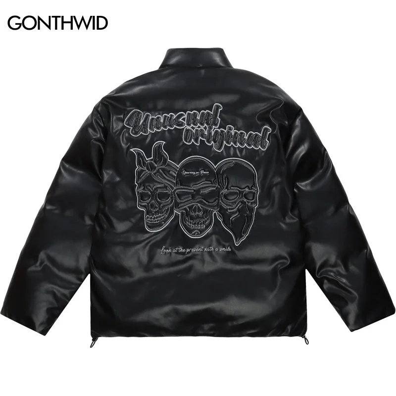 Winter Faux Leather Parkas Jackets Streetwear Hip Hop Embroidery Skull Skeleton Thicken Warm Bubble Padded Coats Casual Jackets