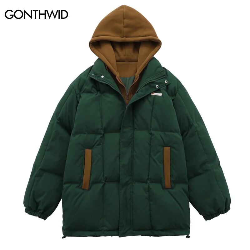 Winter Hooded Jacket Parkas Harajuku Casual Thicken Warm Bubble Padded Coats Hip Hop Color Block Pathchwork Hood Puffer Jackets