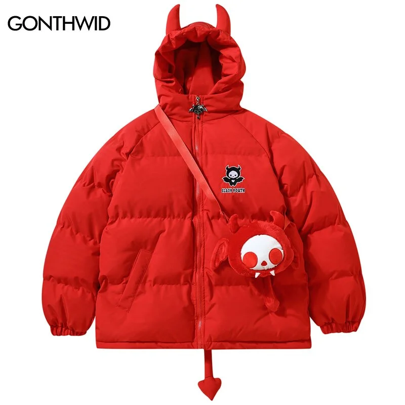 Winter Jacket Hooded Parkas with Bag Streetwear Hip Hop Devil Horn Thick Warm Bubble Padded Coats Harajuku Casual Puffer Jackets