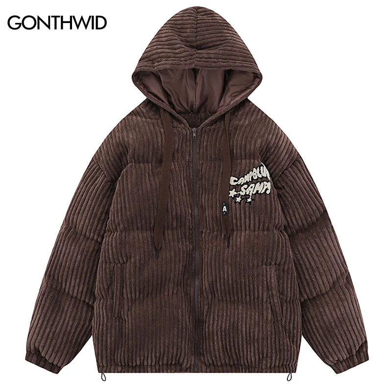 Winter Men Corduroy Hooded Jacket Parkas Streetwear Harajuku Solid Color Thicken Warm Bubble Padded Coats Casual Puffer Jackets