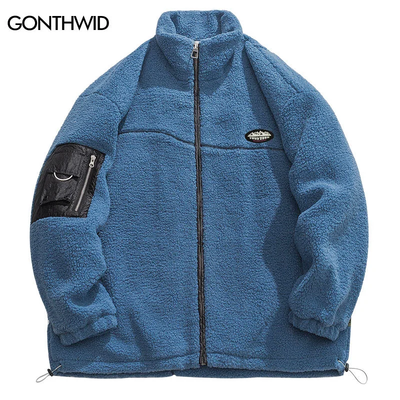 Winter Men Parkas Jackets Streetwear Hip Hop Sleeve Pocket Fuzzy Fluffy Fleece Thick Warm Coats Harajuku Casual Jacket