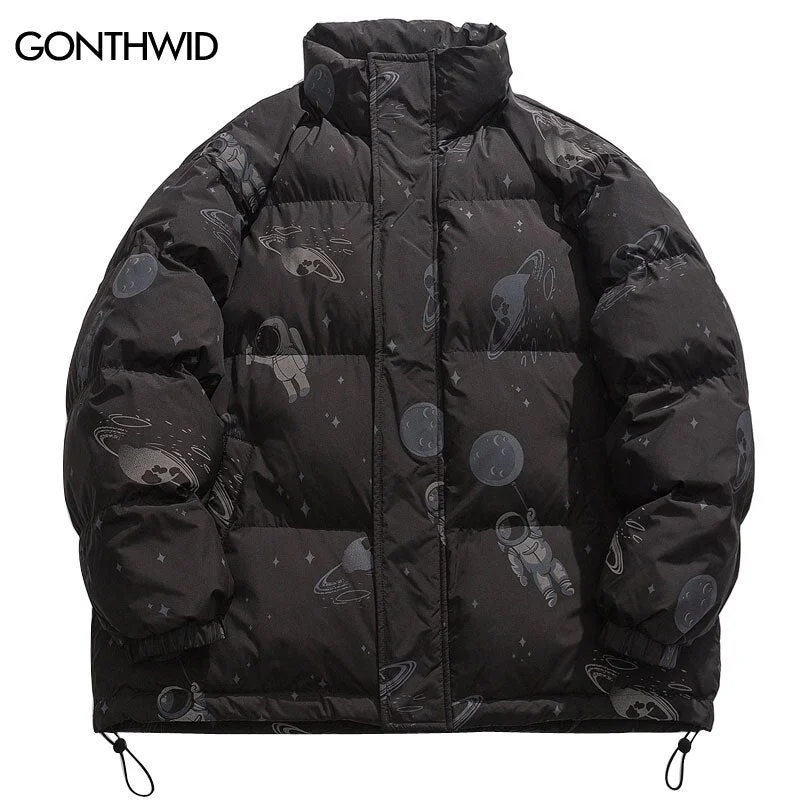 Winter Mens Parka Jackets Streetwear Hip Hop Astronaut Planet Print Thick Warm Coats 2023 Harajuku Casual Jacket Outdoor