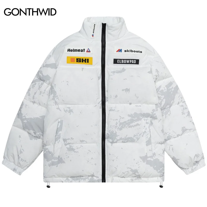 Winter Thicken Warm Jacket Parkas Streetwear Harajuku Print Padded Bubble Puffer Jackets Men Women Casual Coats White