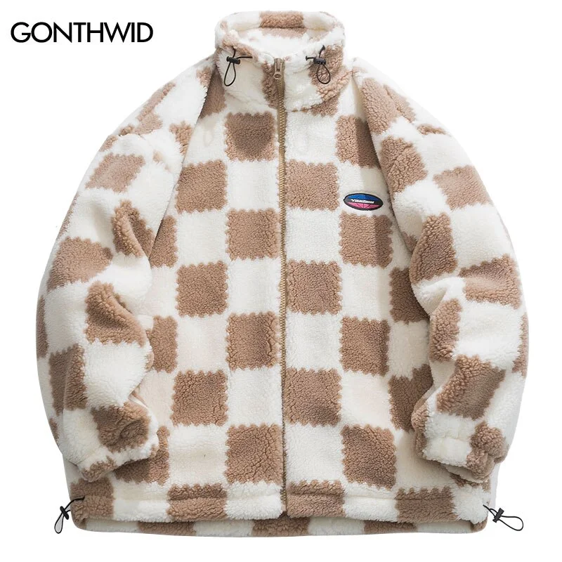 Winter Thicken Warm Jacket Parkas Streetwear Hip Hop Plaid Fuzzy Fluffy Lambswool Coats Harajuku Casual Jackets Outwear